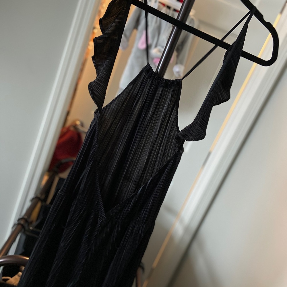 Black satin open back romper